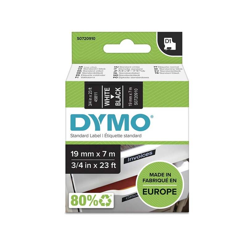Labeltape DYMO D1 45811 S0720910 19mmx7m hvid p&aring; sort