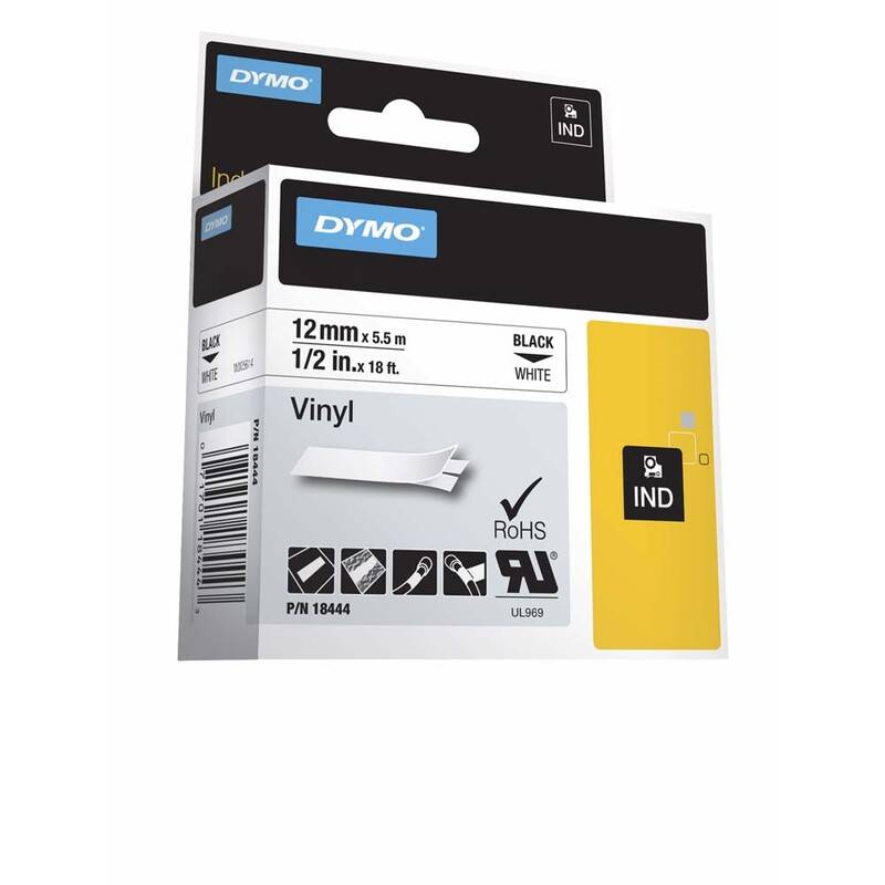 Labeltape Dymo Rhino 12mmx5,5m sort p&aring; hvid vinyl