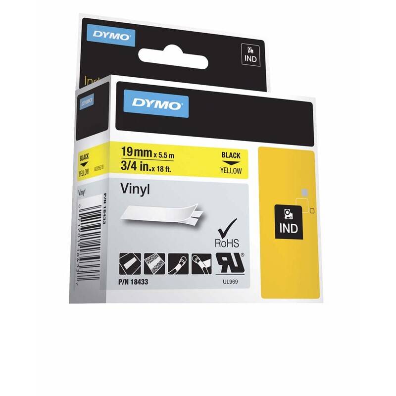 Labeltape DYMO D1 18433 19mmx5,5m sort p&aring; gul vinyl