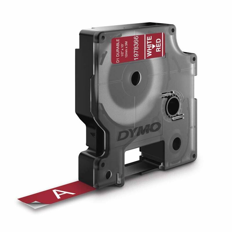 Labeltape DYMO D1 durable ekstra st&aelig;rk 12mmx3m hvid p&aring; r&oslash;d