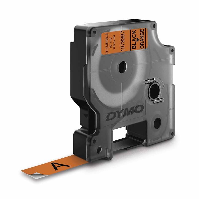 Labeltape DYMO D1 durable ekstra st&aelig;rk 12mmx3m sort p&aring; orange