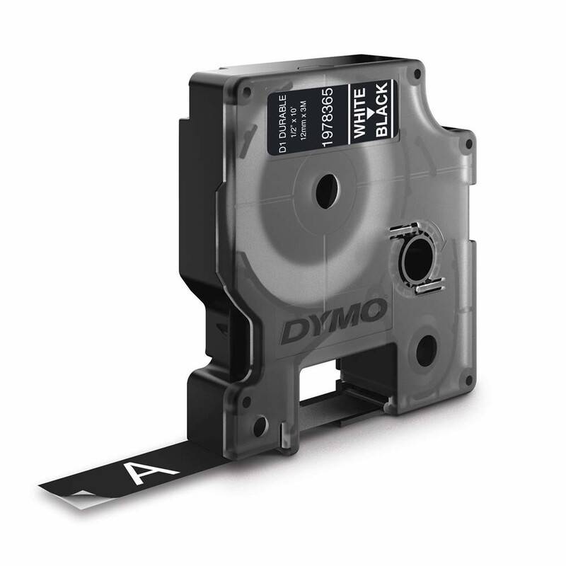 Labeltape DYMO D1 durable ekstra st&aelig;rk 12mmx3m hvid p&aring; sort