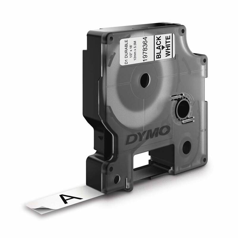Labeltape DYMO D1 durable ekstra st&aelig;rk 12mmx5,5m sort p&aring; hvid