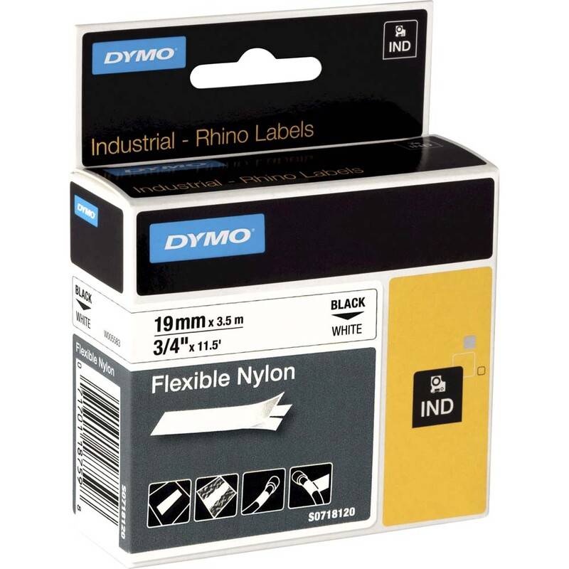 Labeltape DYMO Rhino 19mmx3,5m sort p&aring; hvid nylon flex