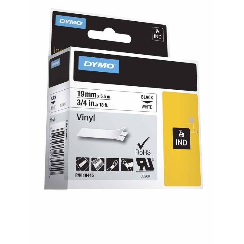 Labeltape DYMO Rhino 19mmx5,5m sort p&aring; hvid vinyl