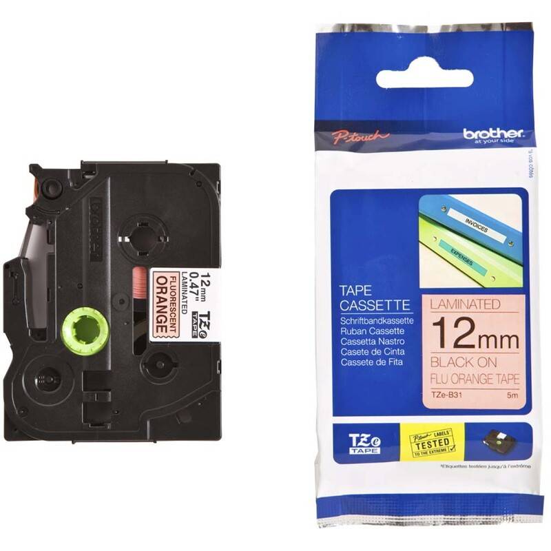 Labeltape Brother TZeB31 12mmx8m sort p&aring; orange lamineret