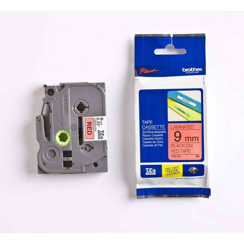 Labeltape Brother TZe-421 9mmx8m sort p&aring; r&oslash;d lamineret