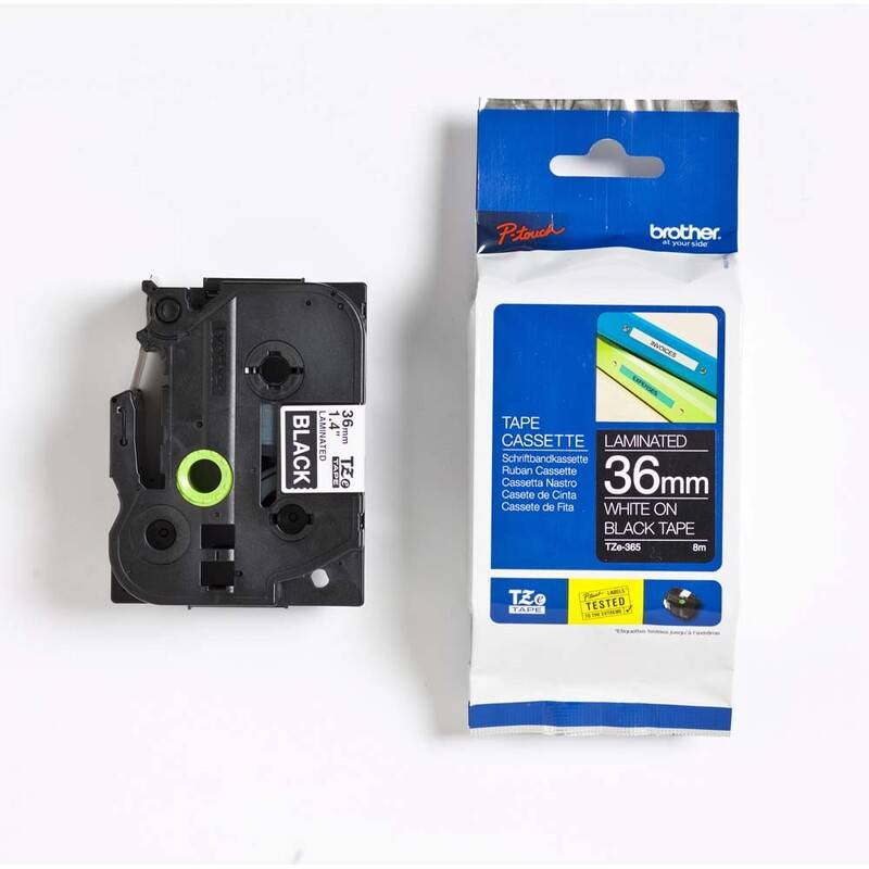 Labeltape Brother TZe-365 36mmx8m hvid p&aring; sort lamineret