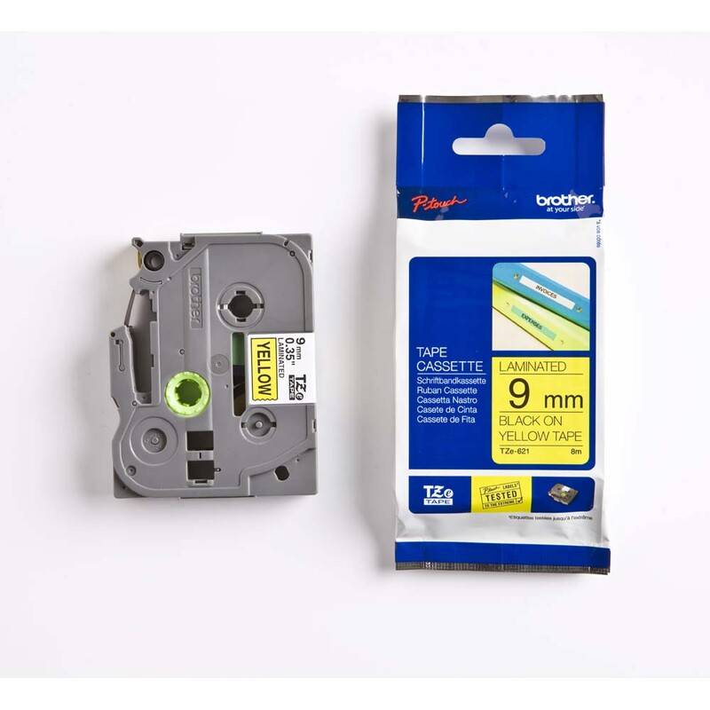 Labeltape Brother TZe-621 9mmx8m sort p&aring; gul lamineret