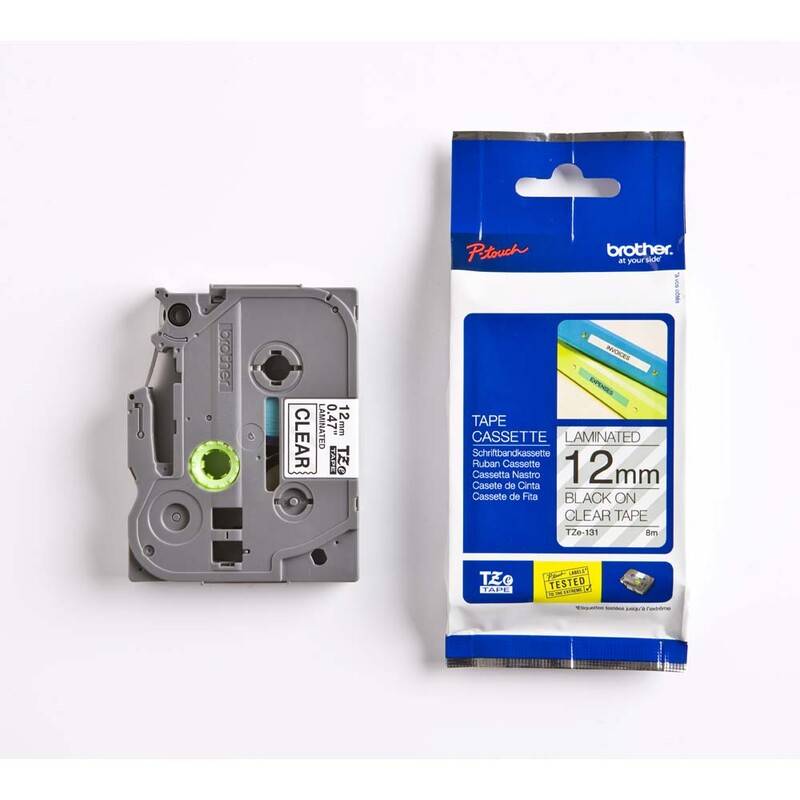 Labeltape Brother TZe131 12mmx8m sort p&aring; klar lamineret