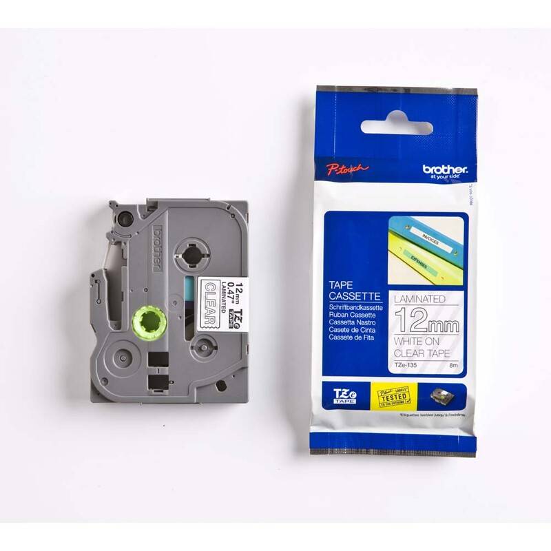 Labeltape Brother TZe135 12mmx8m hvid p&aring; klar lamineret