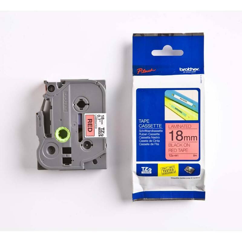 Labeltape Brother TZe-441 18mmx8m sort p&aring; r&oslash;d lamineret