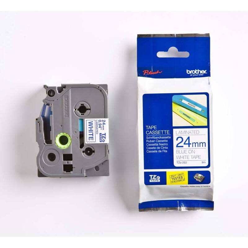 Labeltape Brother TZe-253 24mmx8m bl&aring; p&aring; hvid lamineret