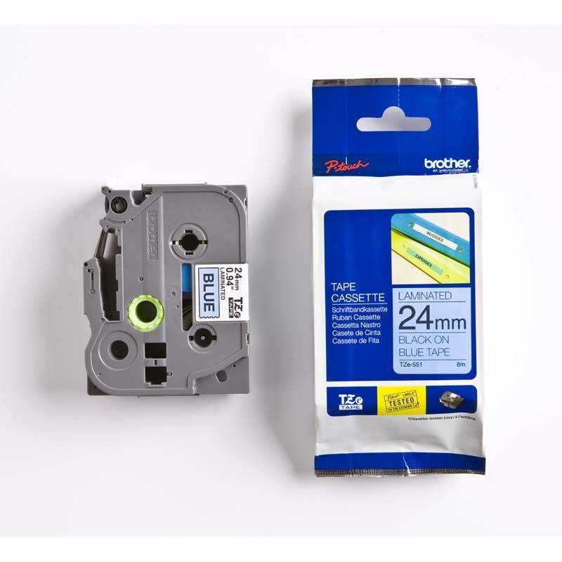 Labeltape Brother TZe-551 24mmx8m sort p&aring; bl&aring; lamineret