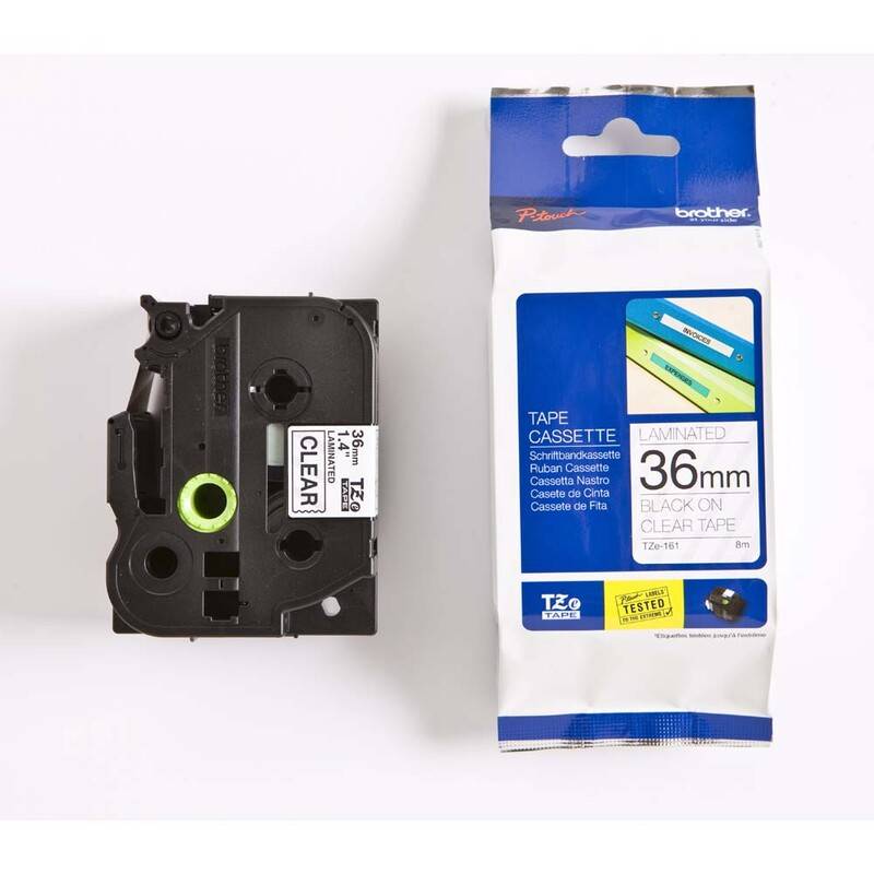 Labeltape Brother TZe-161 36mmx8m sort p&aring; klar lamineret