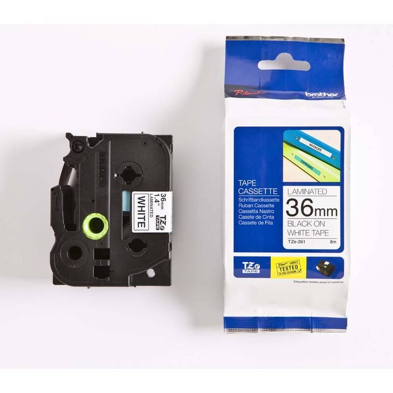 Labeltape Brother TZe-261 36mmx8m sort p&aring; hvid lamineret