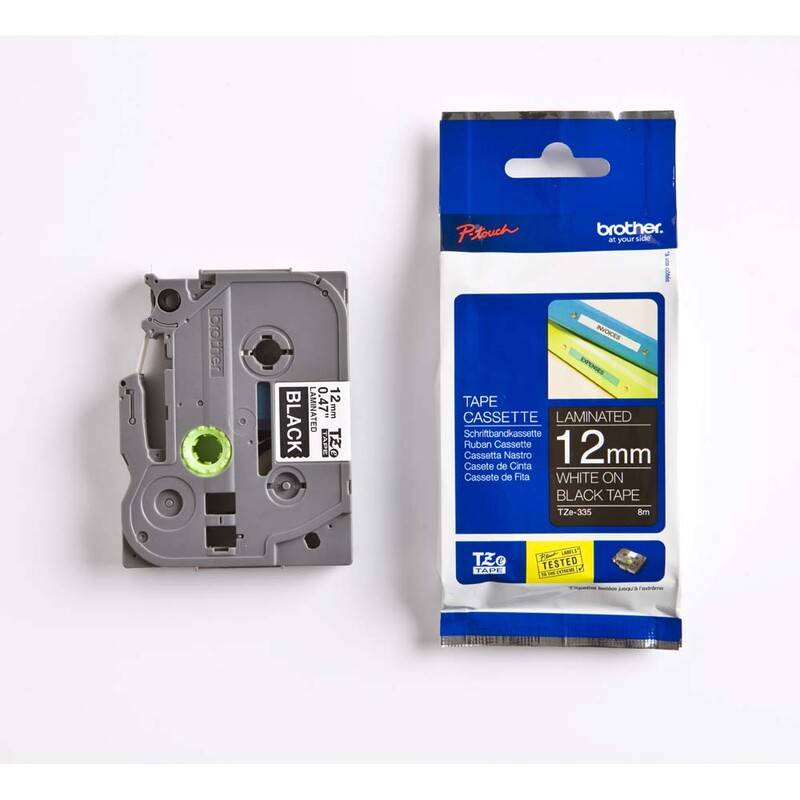 Labeltape Brother TZe335 12mmx8m hvid p&aring; sort lamineret
