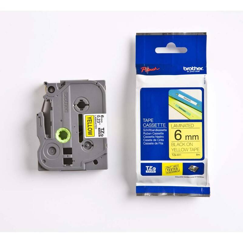 Labeltape Brother TZe-611 6mmx8m sort p&aring; gul lamineret