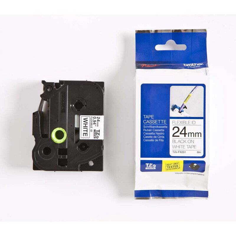 Labeltape Brother TZe-FX251 24mmx8m sort p&aring; hvid fleksibel