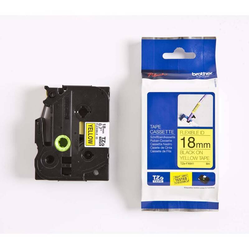 Labeltape Brother TZe-FX641 18mmx8m sort p&aring; gul fleksibel