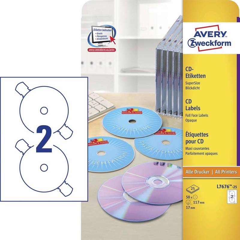 CD labels Avery laser &Oslash;117mm 2stk/ark 25ark/pak L7676