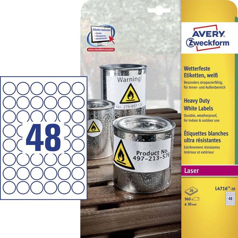 Laseretiket Avery st&aelig;rk hvid &Oslash;30mm 48stk/ark 20ark/pak