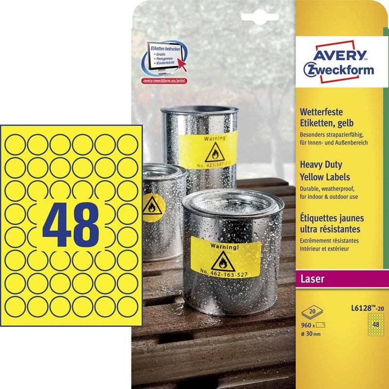 Laseretiket Avery st&aelig;rk gul &Oslash;30mm 48stk/ark 20ark/pak