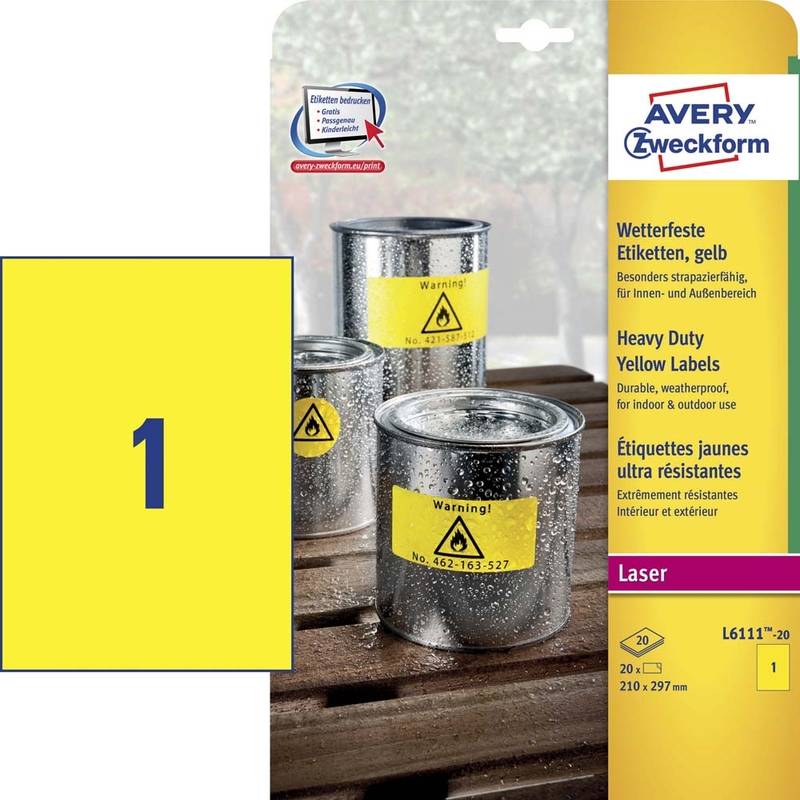 Laseretiket Avery st&aelig;rk gul 210x297mm 1stk/ark 20ark/pak