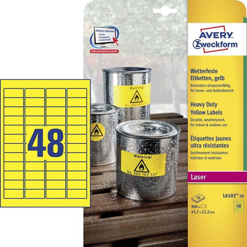 Laseretiket Avery st&aelig;rk gul 45,7x21,2mm 48stk/ark 20ark/pak