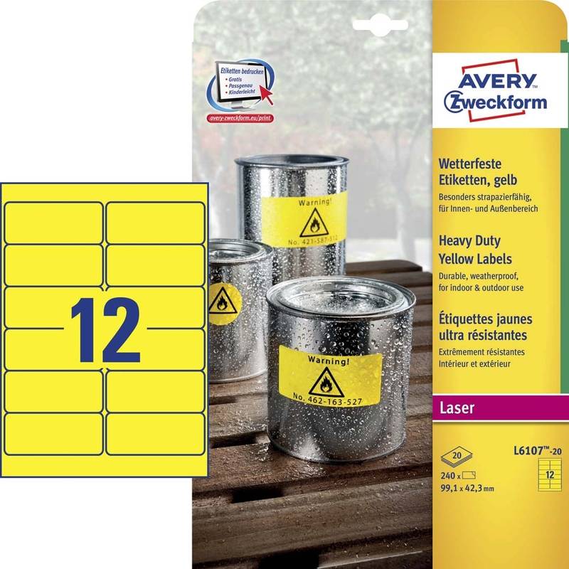 Laseretiket Avery st&aelig;rk gul 99,1x42,3mm 12stk/ark 20ark/pak