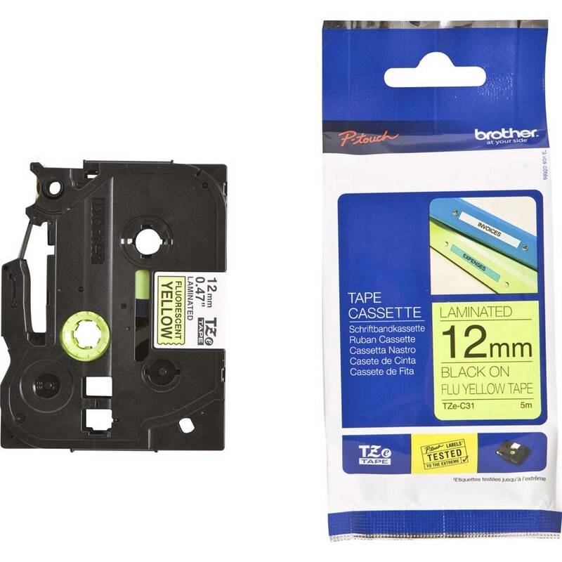 Labeltape Brother TZe-C31 12mmx5m sort p&aring; neongul lamineret