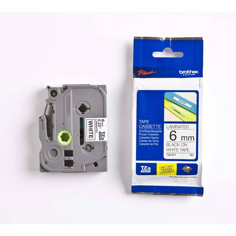 Labeltape Brother TZe-211 6mmx8m sort p&aring; hvid lamineret