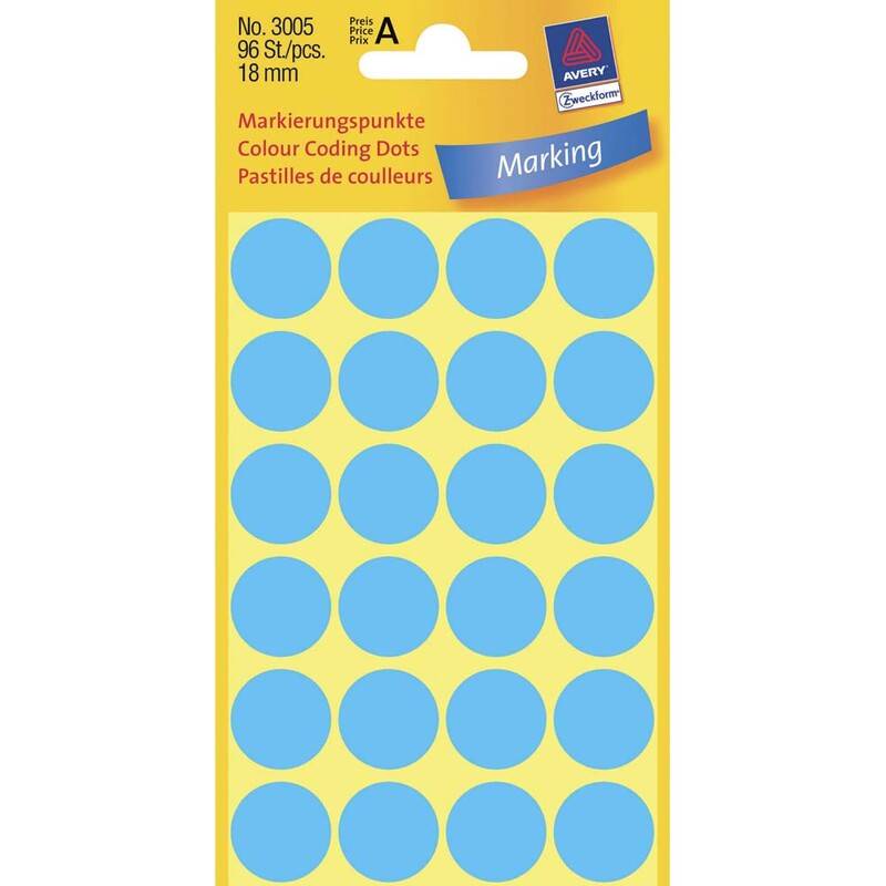 Etiket Avery bl&aring; &Oslash;18mm 96stk/pak Universeletiket 3005 pakke med 96 stk