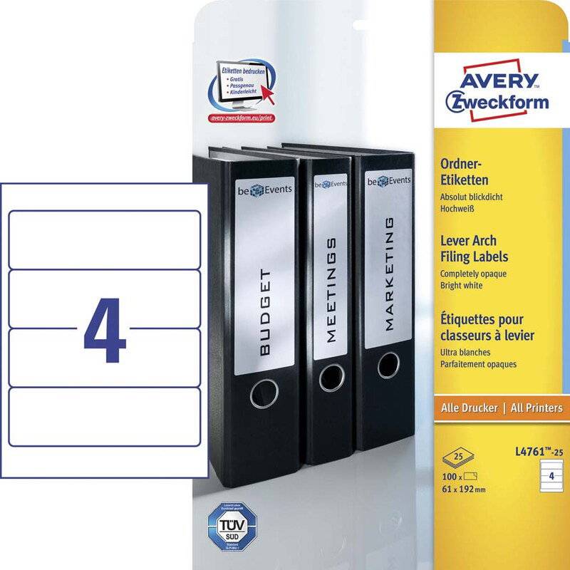 Rygetiket Avery 192x61mm 25ark/pak 4/ark L4761-25