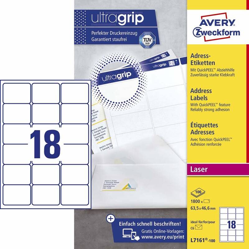 Laseretiket Avery 63,5x46,6mm 18/ark 100ark/pak L7161