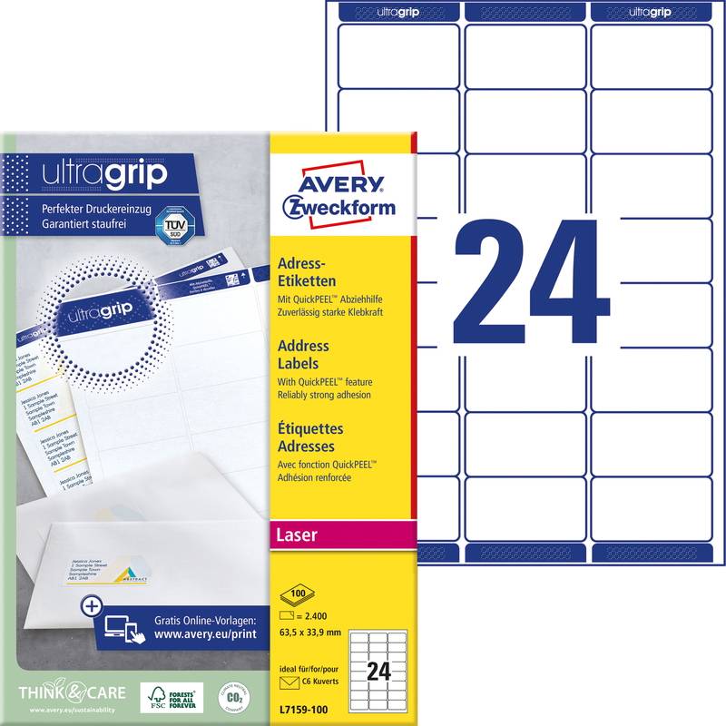 Laseretiket Avery 63,5x33,9mm 24/ark 100ark/pak L7159
