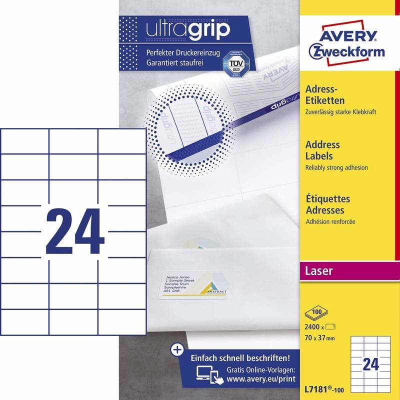 Laseretiket Avery 70x37mm 24/ark 100ark/pak L7181