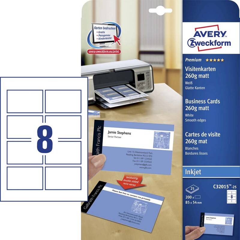 Visitkort Avery inkjet hvid mat 260g 200stk/pak C32015-25