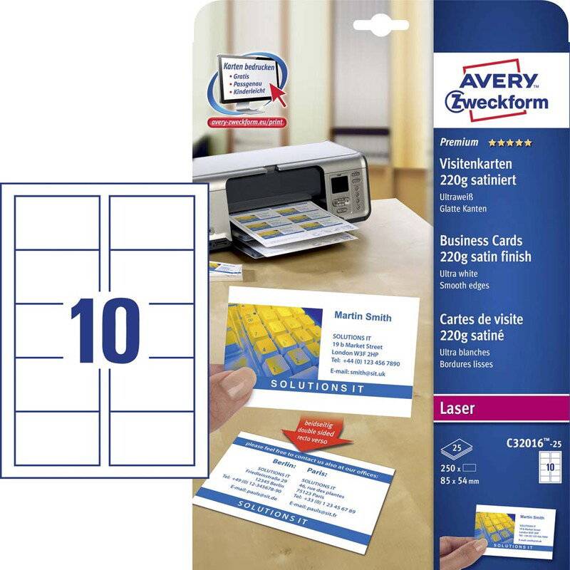 Visitkort Avery laser satin 220g 250/pak C32016-25