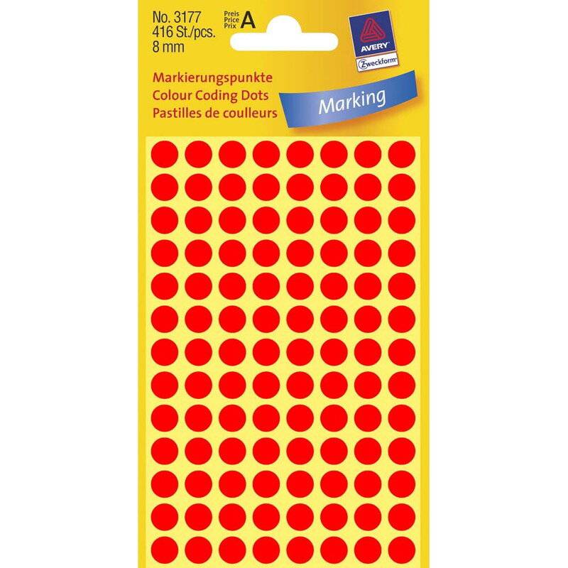 Etiket Avery neon r&oslash;d &Oslash;8mm 3177 416stk/pak