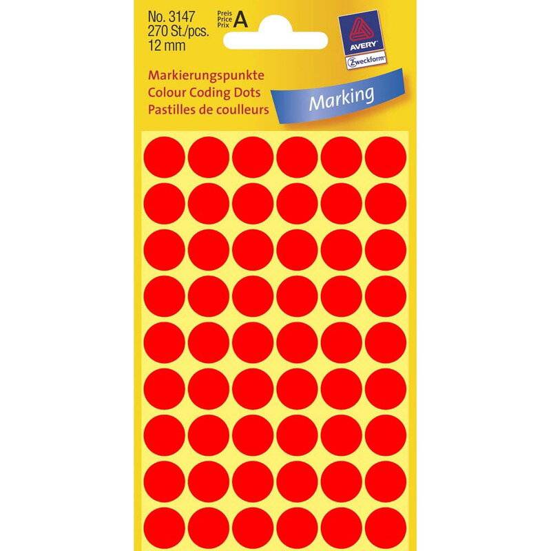 Etiket Avery neon r&oslash;d &Oslash;12mm 3147 270stk/pak