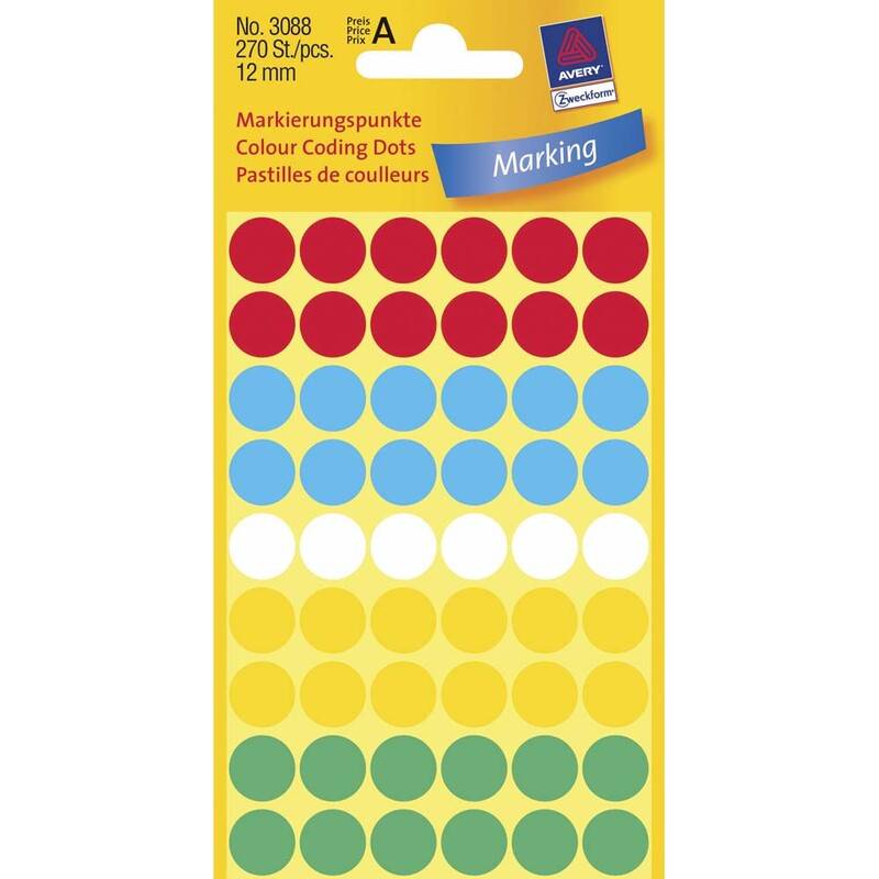 Etiket Avery ass. farver &Oslash;12mm 3088 270stk/pak