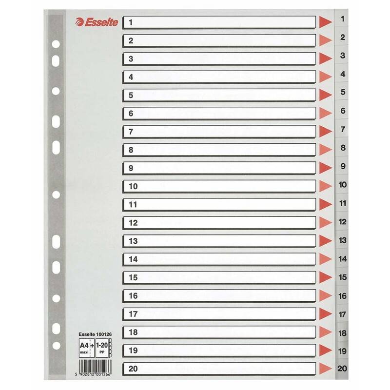 Register Esselte A4 1-20 Maxi 100126 210x297mm gr&aring; Pakke med 10 s&aelig;t