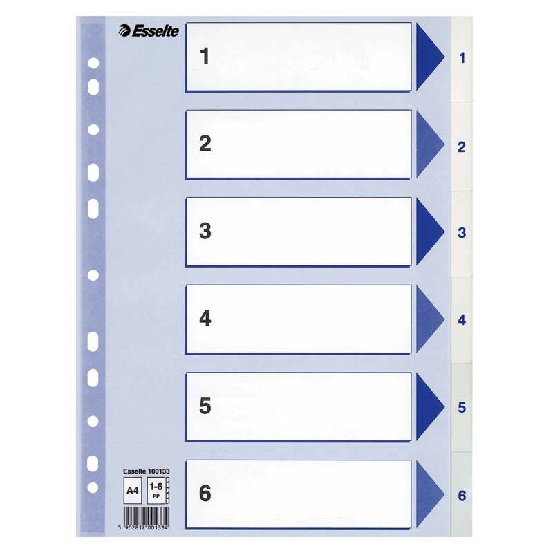 Register PP Esselte A4 1-6 hvid 210x297mm kasse a 20 sets