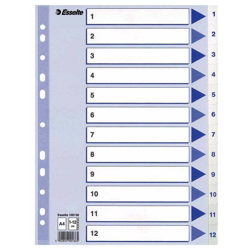 Register PP Esselte A4 1-12 m/hvid kartonforblad