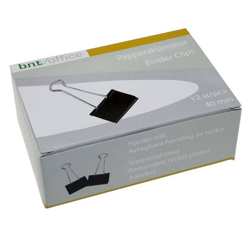 Papirklemme st&aring;l bnt sort 40mm foldback 12stk/pak