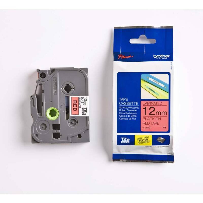 Labeltape Brother TZ431 12mmx8m sort p&aring; r&oslash;d lamineret