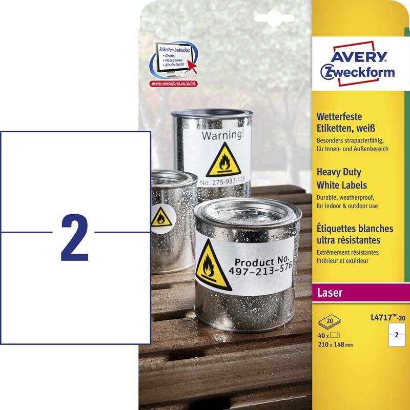 Etiketter Avery st&aelig;rke hvide 210x148mm 2stk/ark 20ark/pak