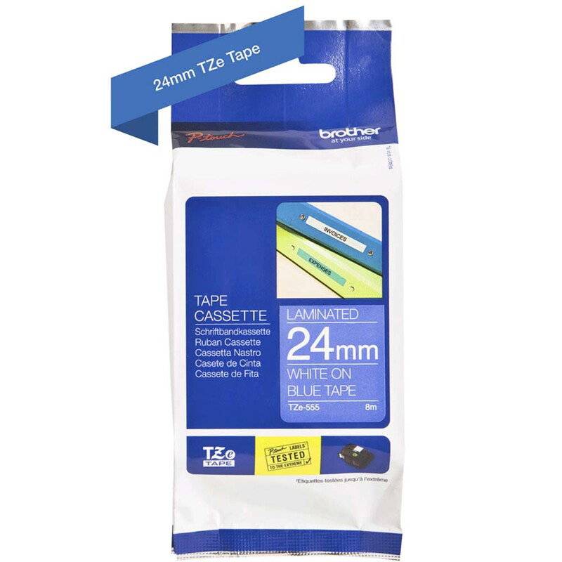 Labeltape Brother TZe-555 24mmx8m hvid p&aring; bl&aring; lamineret