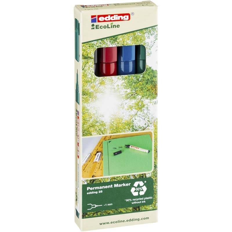 Marker edding 25 EcoLine ass. permanent 1mm rund spids 4stk/s&aelig;t